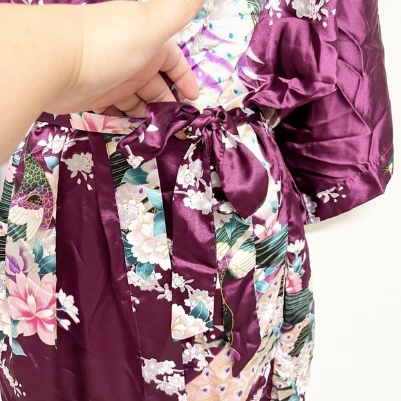 Old Shanghai Womens Dark Purple Peacock Feather Floral Print Belted Kimono Sz OS - Picture 6 of 8